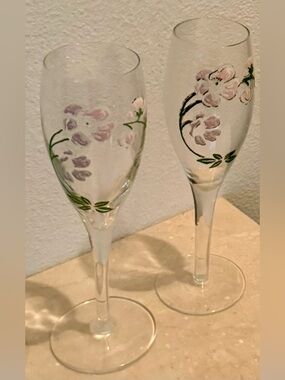 2 Perrier-Jouët Belle Epoque hand-painted champagne flutes. France